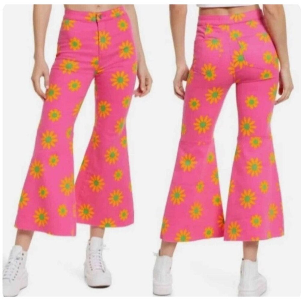 NWT Free People Sz 27 (26" In) Youthquake Crop Hot Pink Floral Flare Jeans